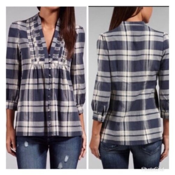 Joie Tops - Joie Luciana Plaid Sparrow Blouse Pintuck V-Neck 3/4 Sleeve Black White Small